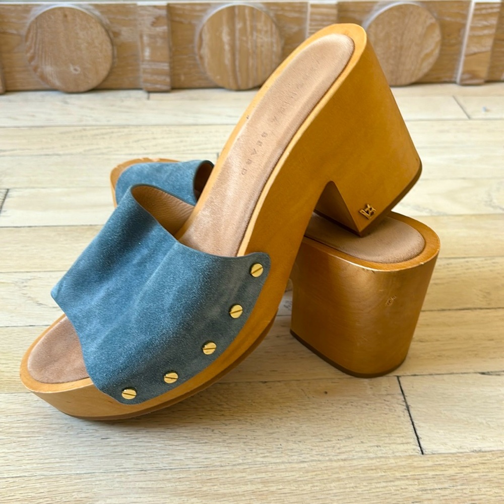 Veronica Beard wood and blue suede heels
